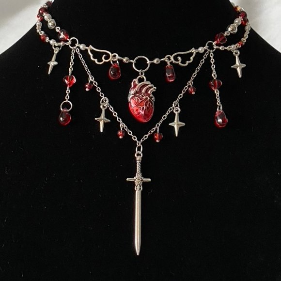 🩸🗡️ romeo heart sword pendant blood droplet choker necklace 🗡️🩸 - Picture 2 of 3